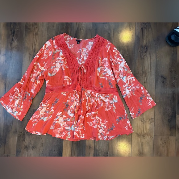 Torrid Floral Boho Crochet Peplum Blouse 2 – Bell Sleeves, Tie Front, Rayon - Picture 2 of 5